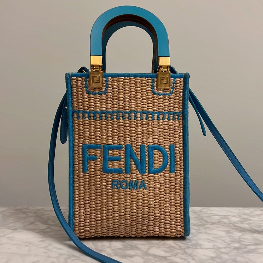 Fendi Sunshine Mini Straw Shoulder Bag Natural Blue - Picture 2 of 14